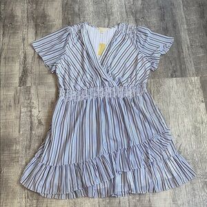 Michael Kors Blue and White Striped Faux Wrap Dress